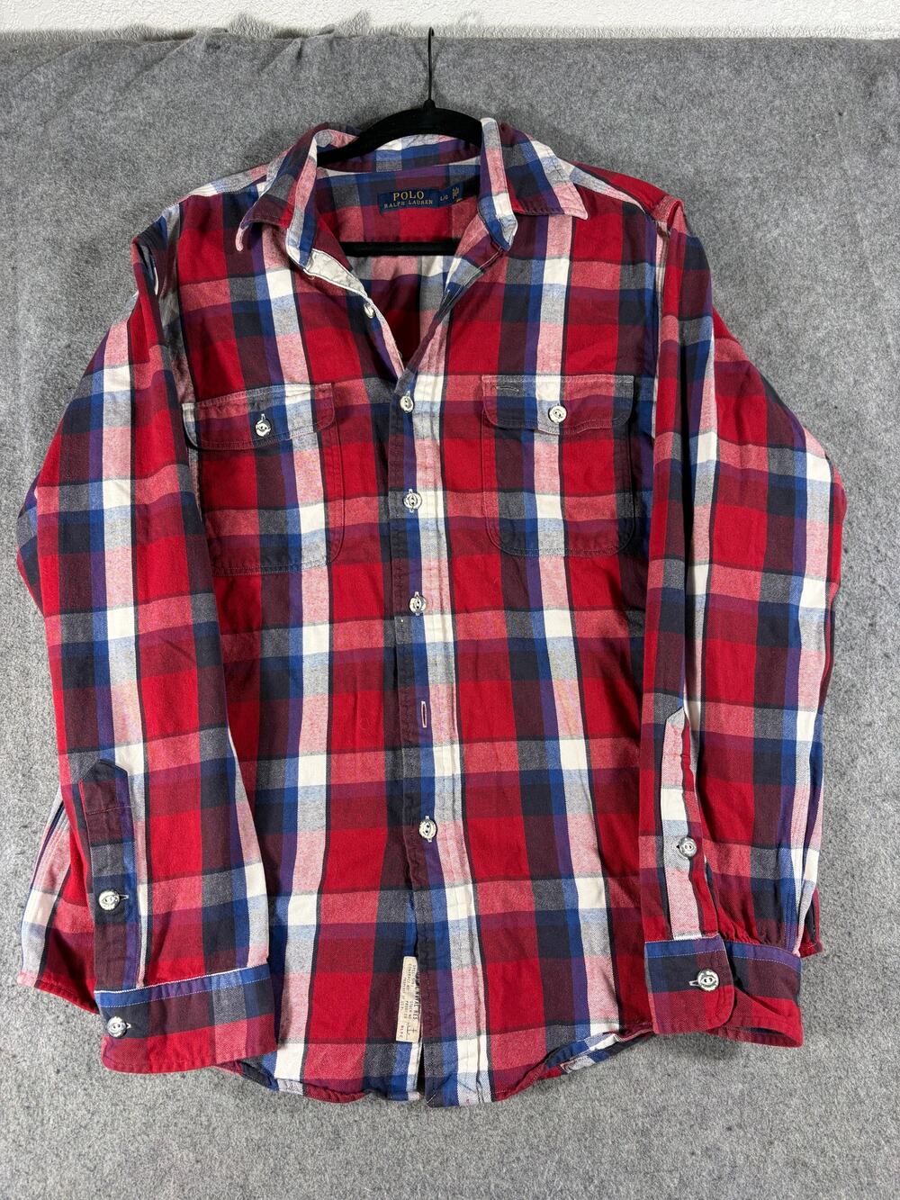 Polo Ralph Lauren Plaid Flannel Shirt Mens Large Red Blue Utility Button Up - Picture 1 of 6